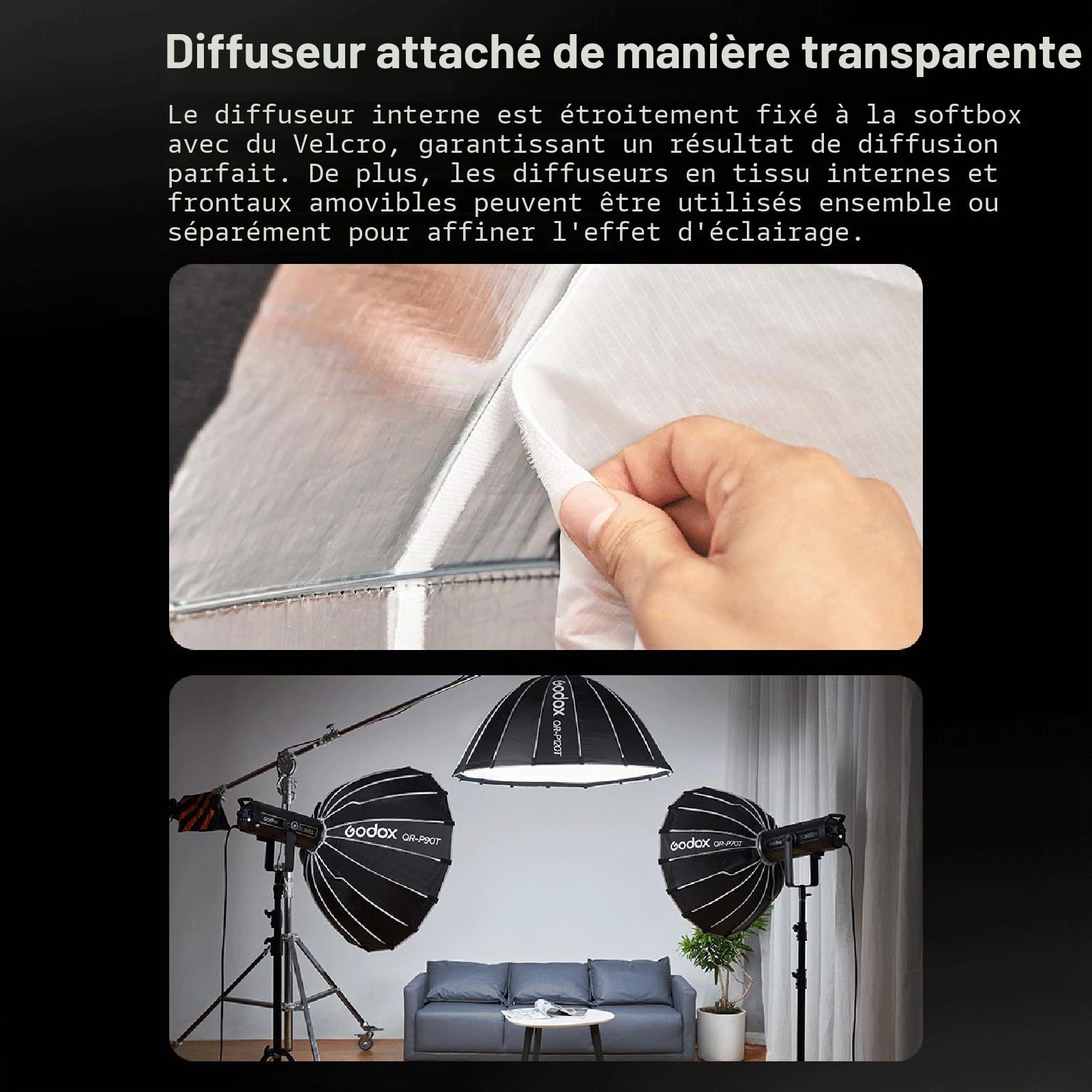 Godox QR-P120T 120 cm/47,2 Pouces Softbox Parabolique à Dégagement Rapide Boîte à Lumière Pliable avec Support Bowen Standard et Diffuseurs pour Studio de Photographie Portrait Diffusion en Direct