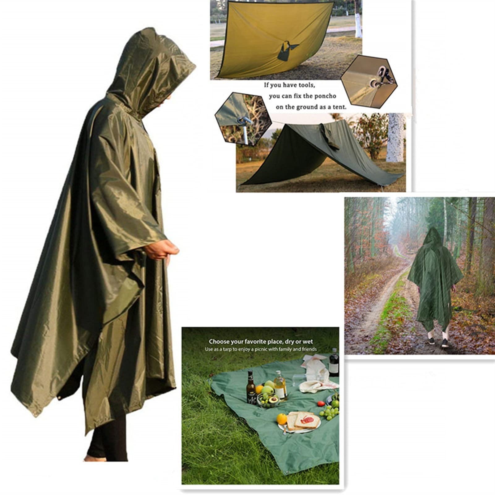 3 w 1 płaszcz przeciwdeszczowy z kapturem Survival Poncho, wielofunkcyjny, wodoszczelny płaszcz przeciwdeszczowy, namiot matowy, namiot kempingowy do wędrówek na świeżym powietrzu (kolor: czarny)