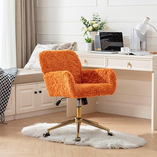 Miniatura 17 de Goujxcy Silla de oficina, silla de oficina en casa con base de metal dorado, silla de escritorio ajustable, silla de oficina giratoria, silla de