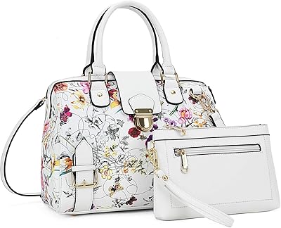 Dasein Women Barrel Handbags Purses Fashion Satchel Bags Top Handle Shoulder Bags Vegan Leather Work Bag Tote (White Flower)