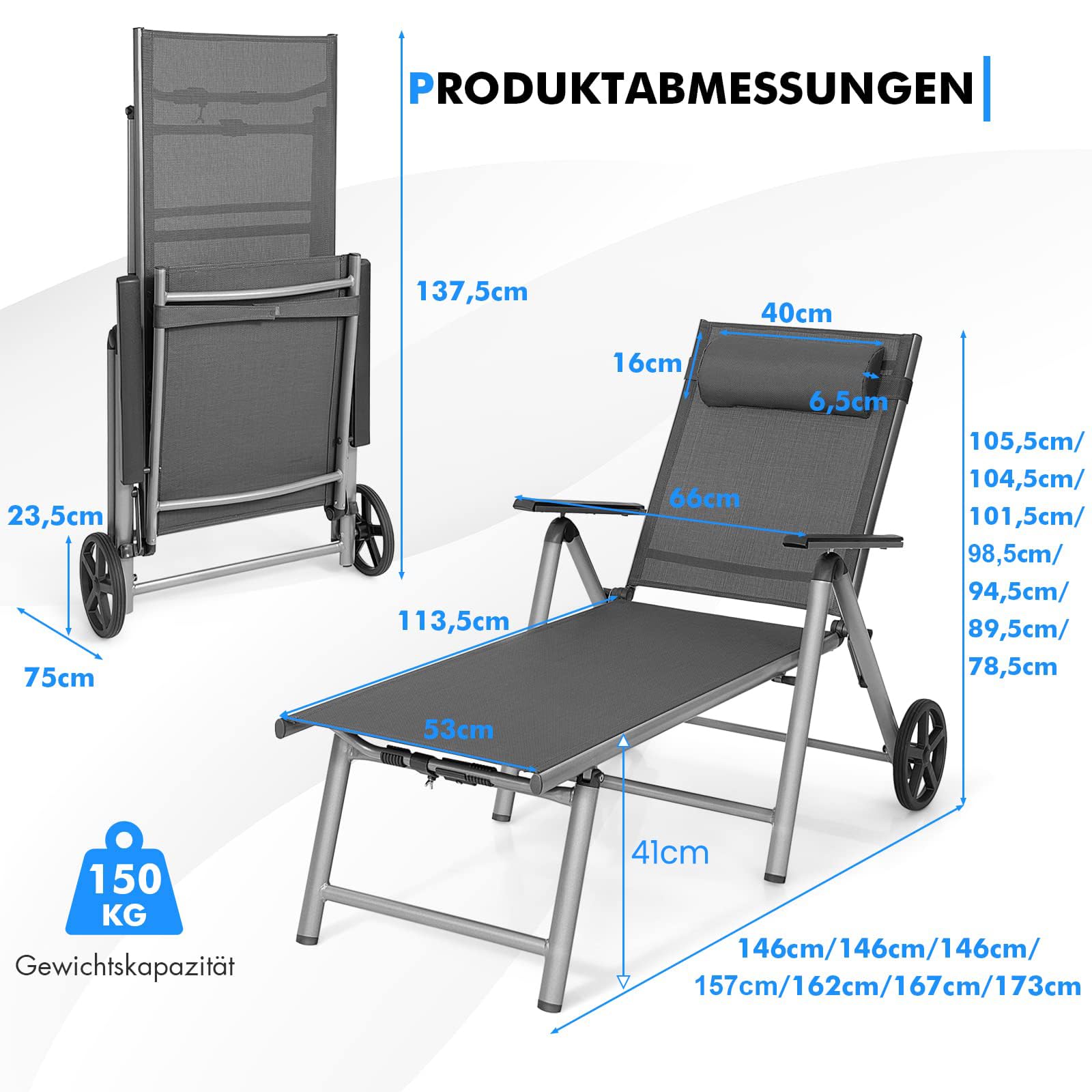 COSTWAY Sonnenliege Aluminium mit Rollen, klappbare Gartenliege mit hoher Sitzhöhe, Kopfkissen, Armlehnen & Verstellbarer Rückenlehne, Liegestuhl, Klappliege für Garten, Balkon, Terrasse