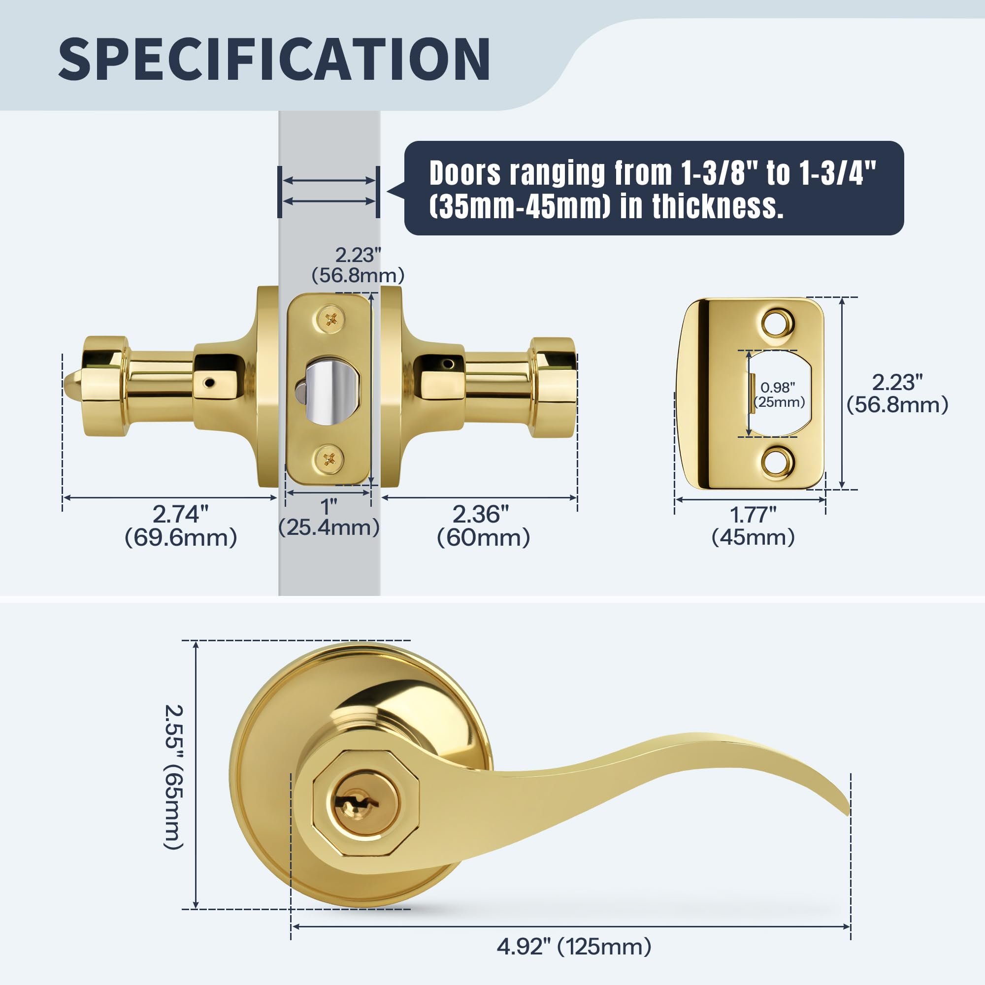 Manija de puerta estilo onda, manija de puerta de entrada con llave y cerradura, manija de entrada dorada reversible para zurdos y diestros para puerta delantera o de oficina con acabado de