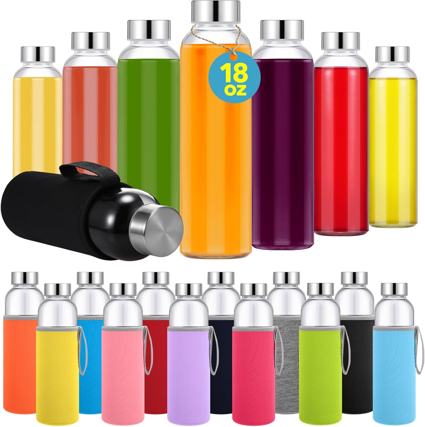 Vesici 12 Set 18 oz Clear Glass Water Bottles, Reusable Glass Juicing Bottles with Protection Sleeve and Stainless Steel Leak Proof Lids for Milk Smoothie Juice Beverage Tea (Colorful,Classic) - Image 5