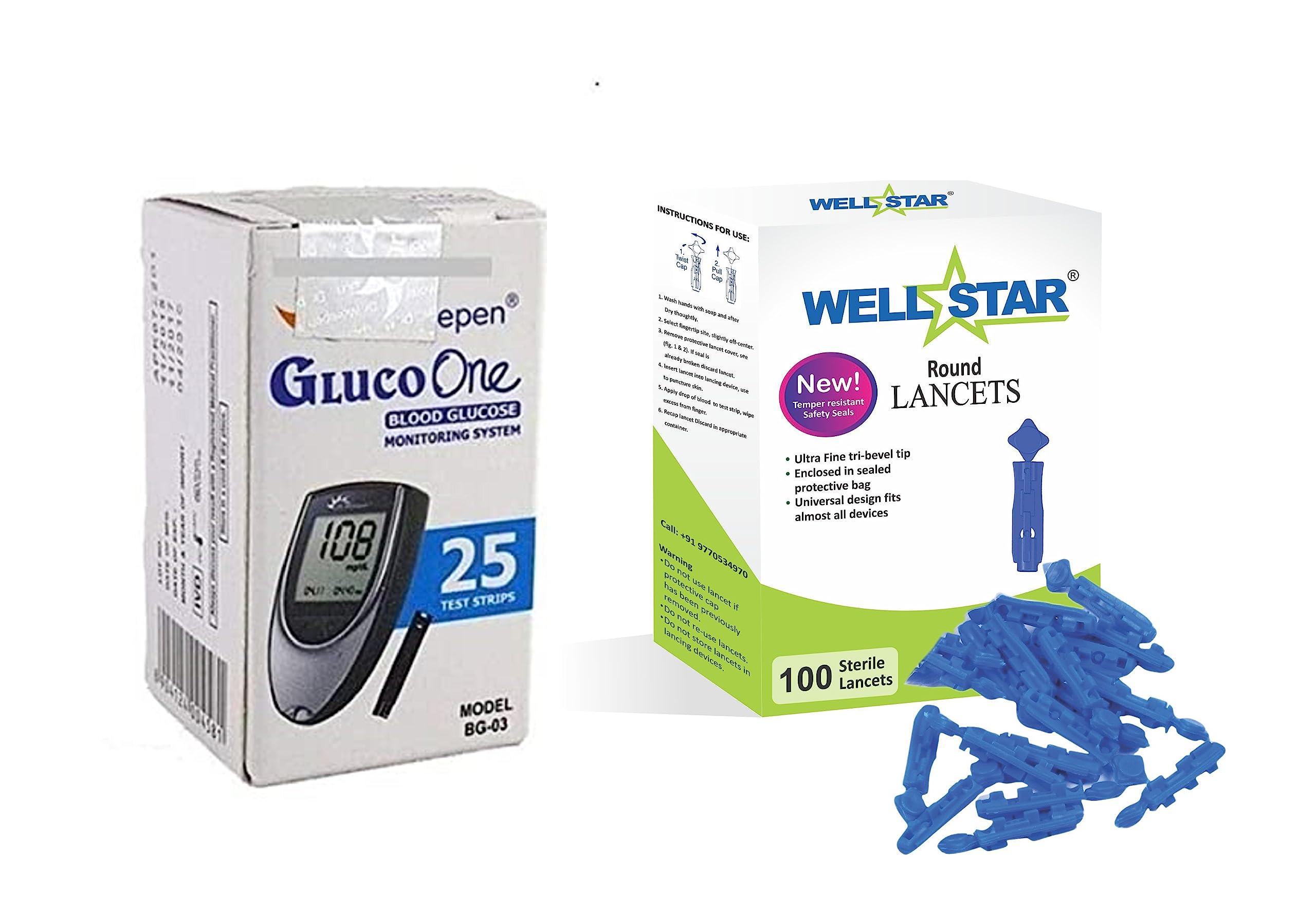 WELLSTAR 100 Round Glucometer Lancets with DR.MOREPEN BG-03 Test Strips-image-19