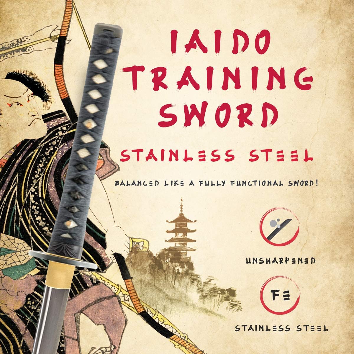 HMS Unsharpened Iaido Trainging Katana Sword, Stainless Steel, Handmade, Full Tang, Brass Fittings, Bamboo Alloy Tsuba, Black Scabbard