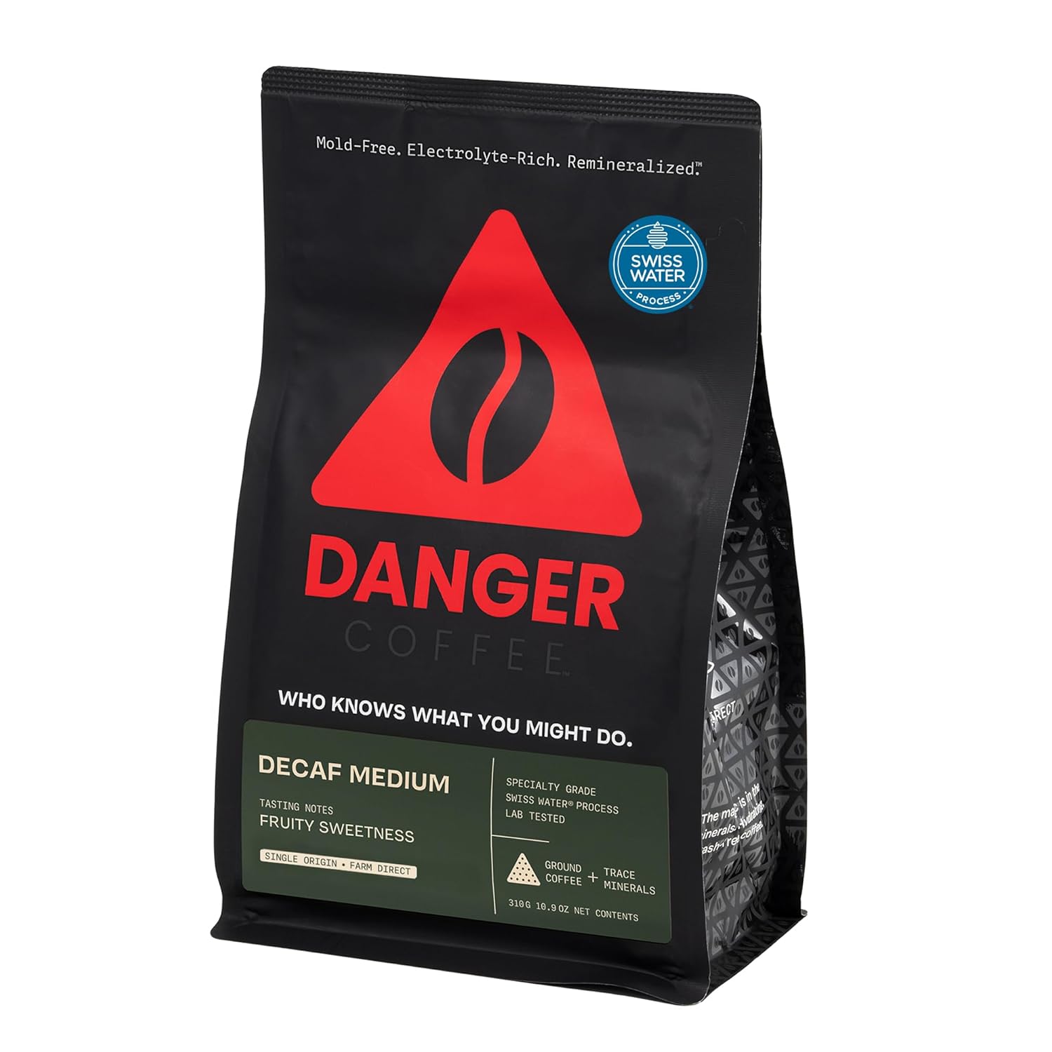Danger Coffee by Dave Asprey, Remineralized, Mold Free & Lab Tested Swiss Water Decaf Ground Coffee, Medium Roast, Decaffeinated 10.9 Ounce