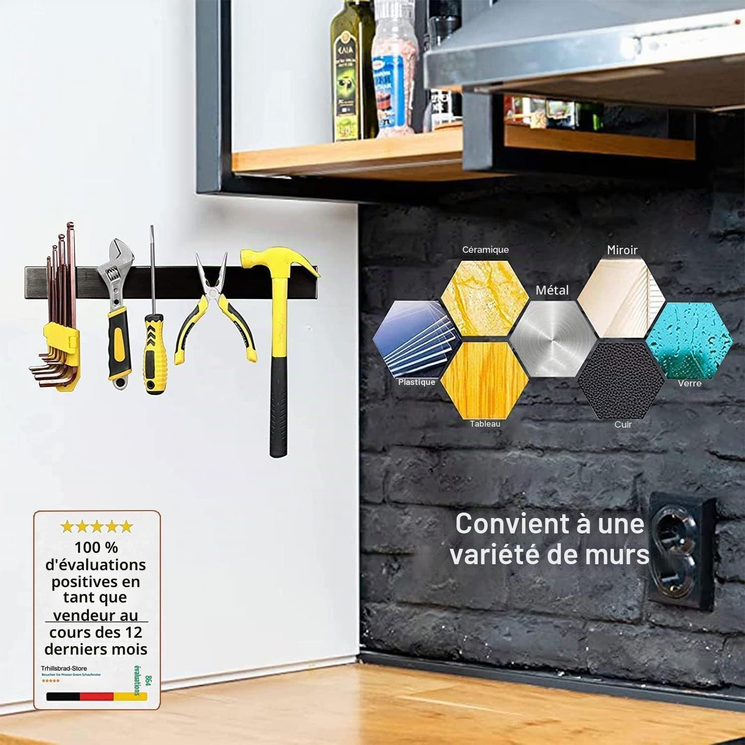 Barre magnétique Trhillsbrad de 60 cm - Porte-couteaux magnétique avec 3 crochets - En acier inoxydable - Noir - Fixation murale - Sans perçage