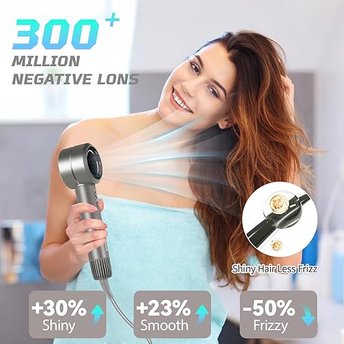 Miniatura 5 de Secador de pelo iónico sin cuchillas, difusor de 110,000 rpm, iones negativos de 984.3 ft, cable de 6.5 pies, 3 ajustes de calor y 3 velocidades,