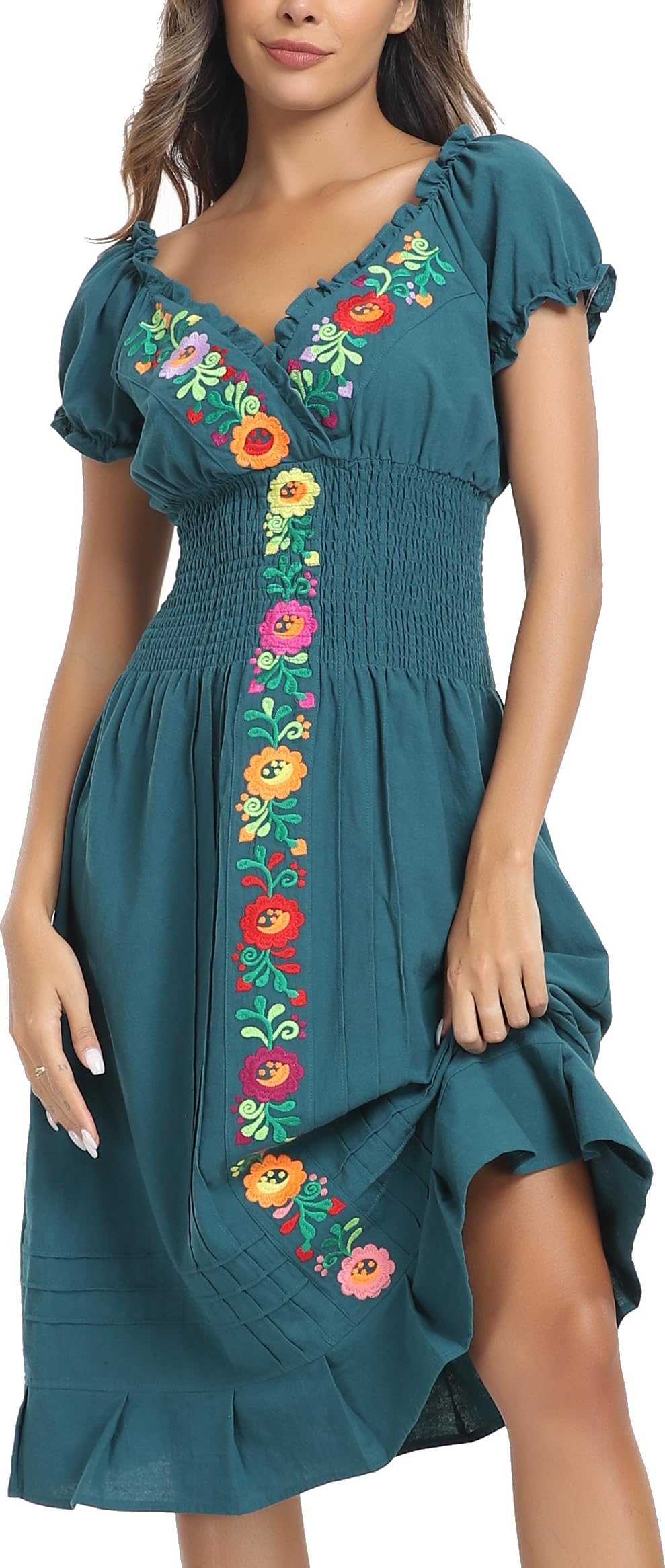 YZXDORWJ Women Mexican Embroidered Casual Dress Summer Ruffle V Neck Short Sleeves