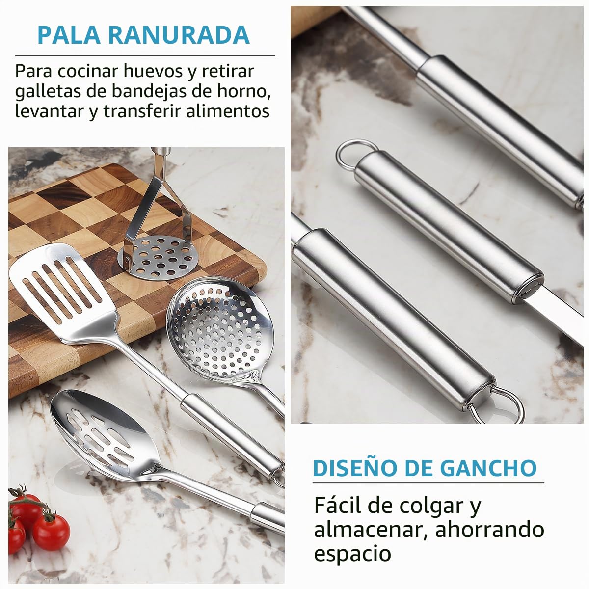 Juego de Utensilios de Cocina de Acero Inoxidable - 39 Piezas Con Espátulas, Cucharas y Soporte Resistente - Apto para Lavavajillas