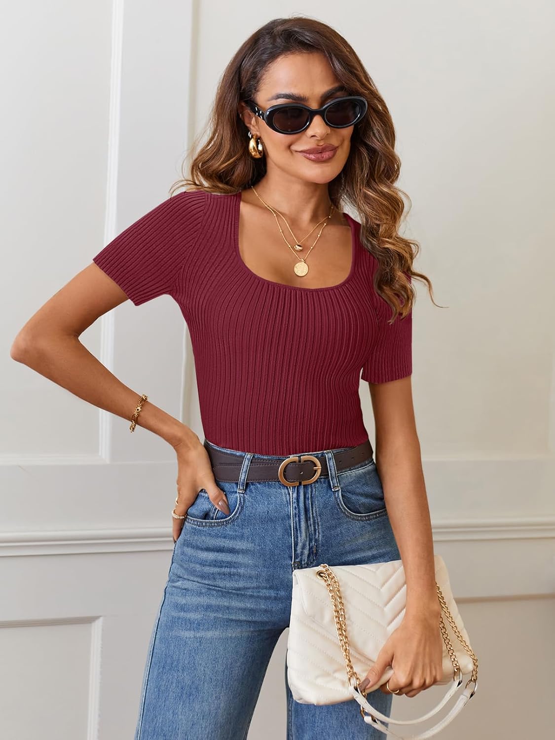 MEROKEETY Women's Summer Ribbed T Shirts 2026 Square Neck Short Sleeve Slim Fit Knit Tee Tops Dressy Casual Trendy Clothes - Image 2