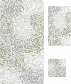 Sage Green White 3 Piece Bath Towels Set, Abstract Grey Chrysanthemum Flower Soft Absorbent Bathroom Shower Towels Luxury Set with 1 Bath Towel, 1 Hand Towel, 1 Washcloth