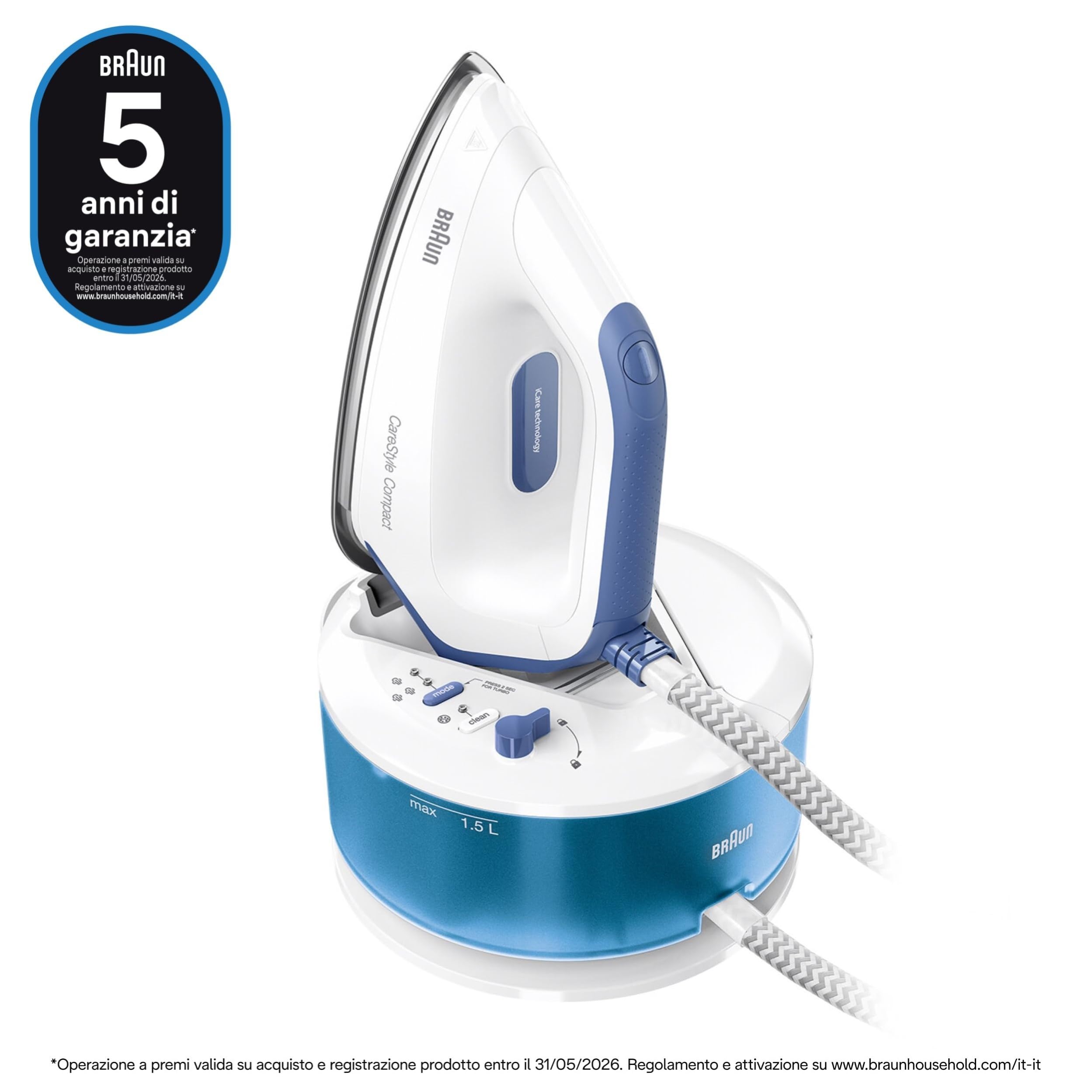 Braun IS2143BL CareStyle Compact Ferro da Stiro con Caldaia, 5 ANNI DI ASSISTENZA, Piastra EloxalPlus, Facile decalcificazione, Colpo Vapore 420g/min, Serbatoio 1.5L, Risparmio energetico, Bianco/Blu