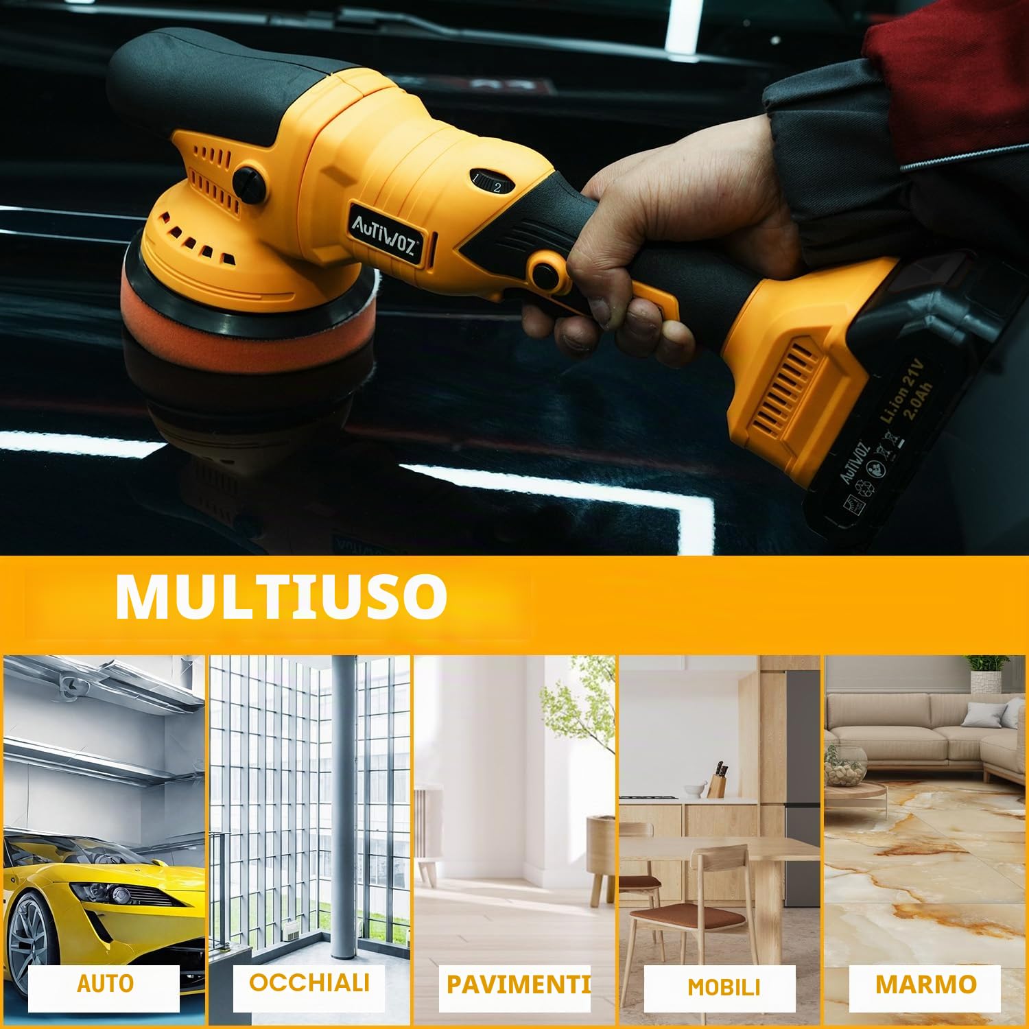 AUTIWOZ Lucidatrice Batteria 21V,Levigatrice Orbitale 9mm/Lucidatrice Senza Fili,Lucidatrice Professionale per Auto,2800-5800RPM,Lucidatura e Levigatura,2 Batterie,Spugna per Lucidatura 125mm