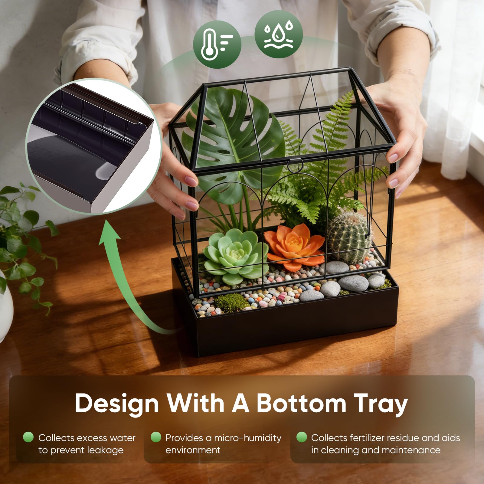 Mini Gewächshaus, 24x14,5x28cm Terrarium mit Aufklappbarem Glasdeckel, Volltransparentem Glas und Bodenwanne,Fensterbank Innen Gewächshaus aus Metallglas für Wohnzimmer und Büro auf der Fensterbank