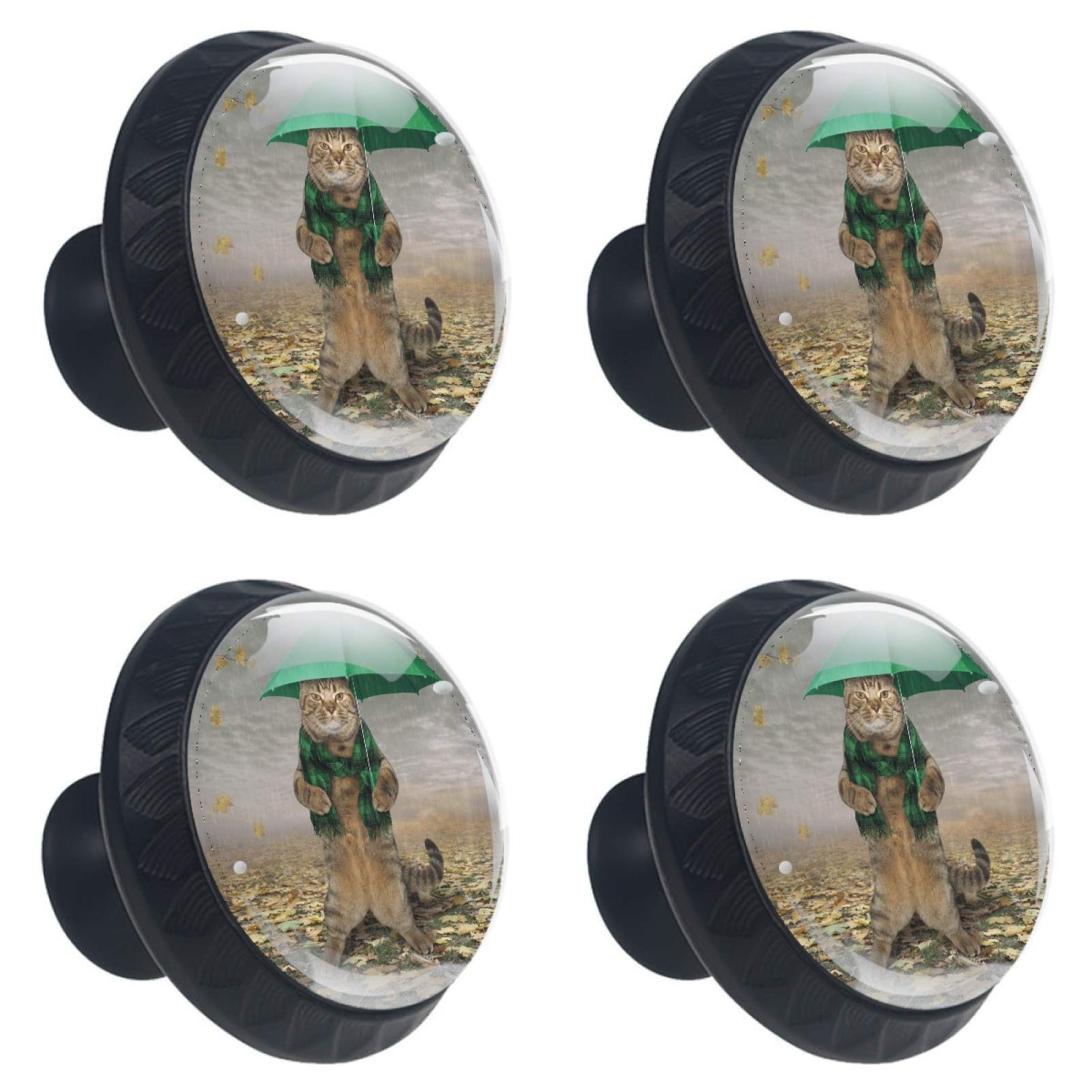 Boutons de meuble ronds motif chat en automne - Lot de 4 poignées en verre 30 mm