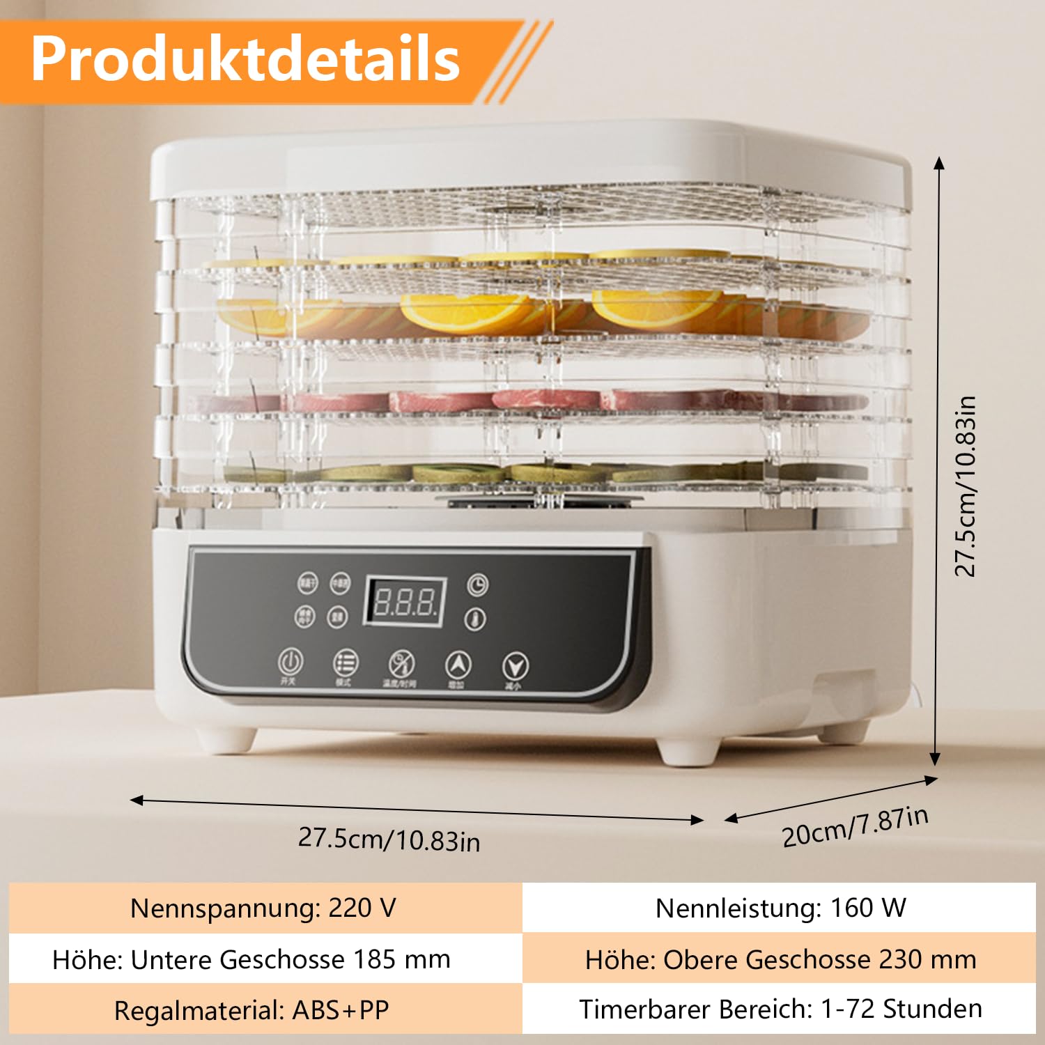 Déshydrateur automatique avec 5 compartiments, 160 W, 35-70 °C, minuterie 72 h, déshydrateur en acier inoxydable pour viande, fruits, légumes, aliments, champignons, fruits, déshydrateur