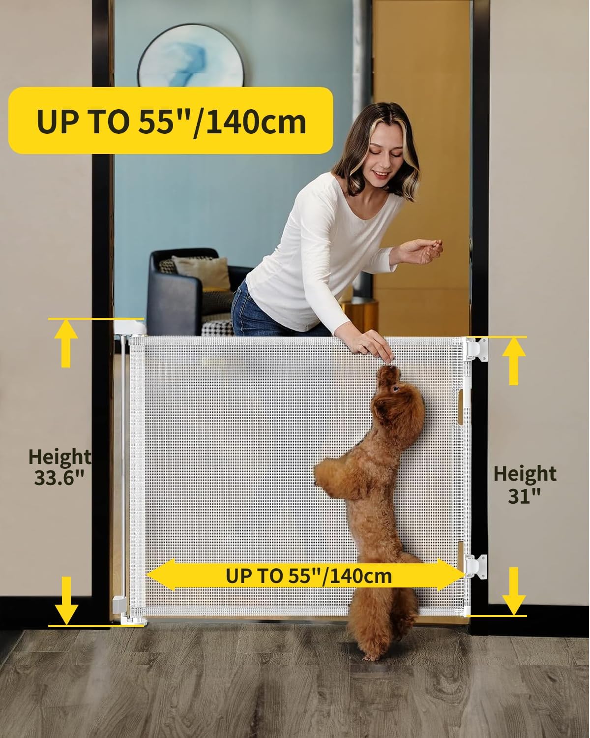 2 Pack Retractable Baby Gate,Mesh Baby Gate or Mesh Dog Gate,33" Tall,Extends up to 55" Wide,Child Safety Gate for Doorways, Stairs, Hallways, Indoor/Outdoor（White,33"x55"