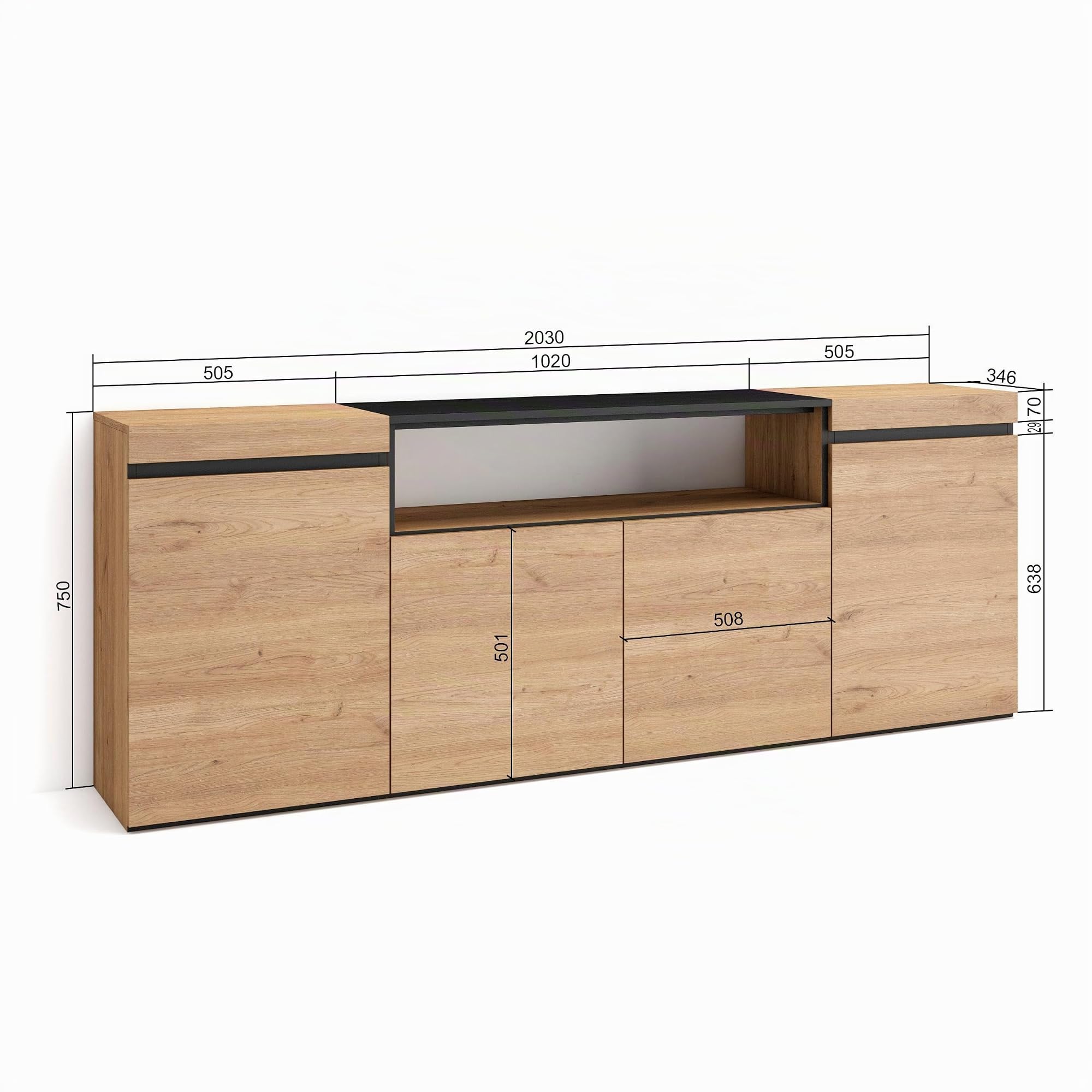 Skraut Home | Sideboard, Highboard | Kommode, Komodenschrank | 200x75x35cm | 4 Türen | Wohnzimmer, Küche | Moderner Stil | Eiche Schwarz