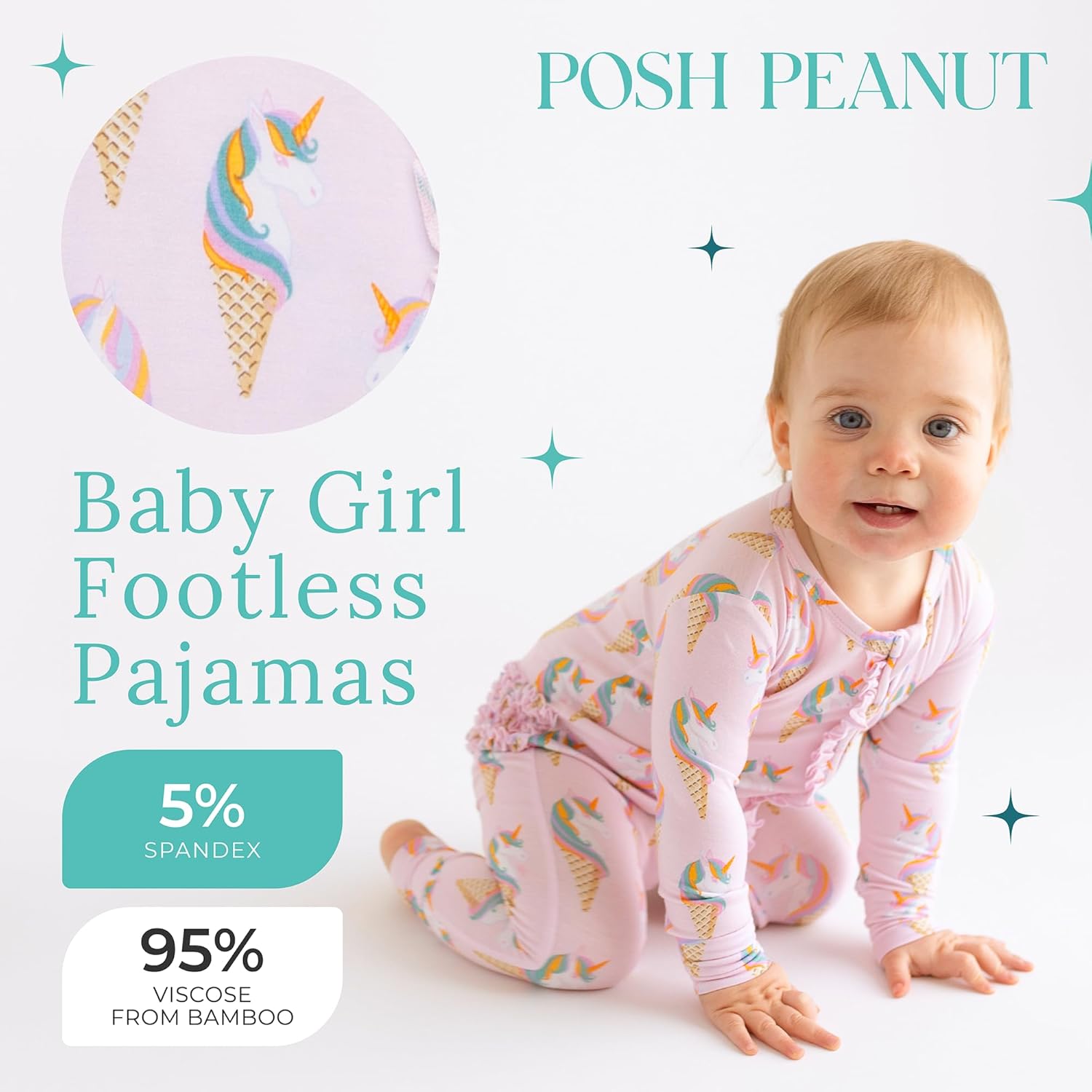 Posh Peanut Footless Baby Girl Pajamas - Viscose from Bamboo Ruffled Baby Sleepers with 2 Way Zipper for Easy Diaper Changes