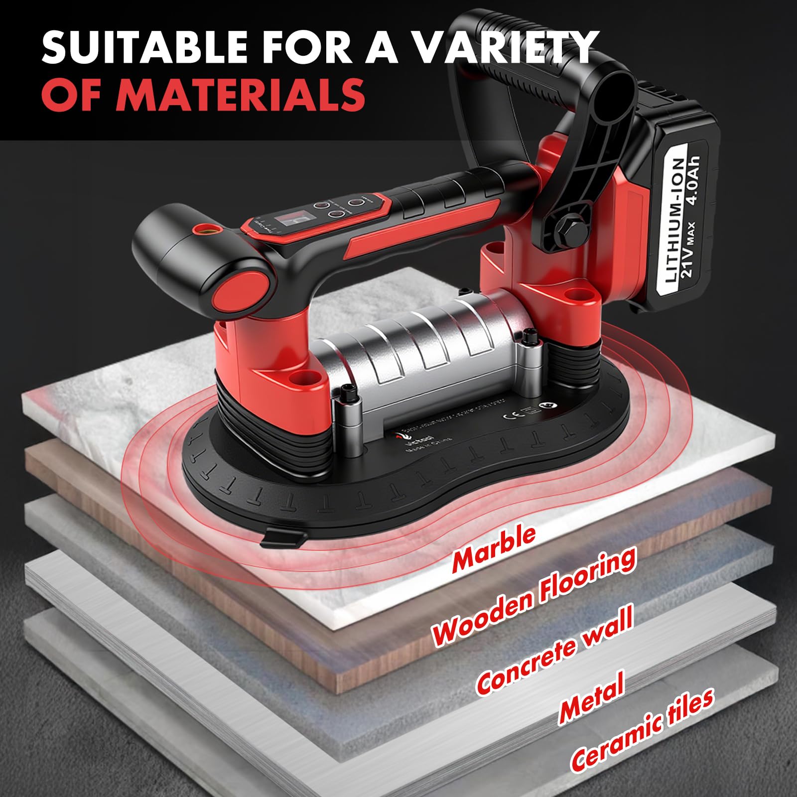 2 in 1 batteria vibrante per piastrelle e ventose con batteria, 200 kg (440 lbs), potenza di aspirazione regolabile a 9 marce, vibratore per piastrelle, vetro, marmo, ventosa 255 x 155 mm