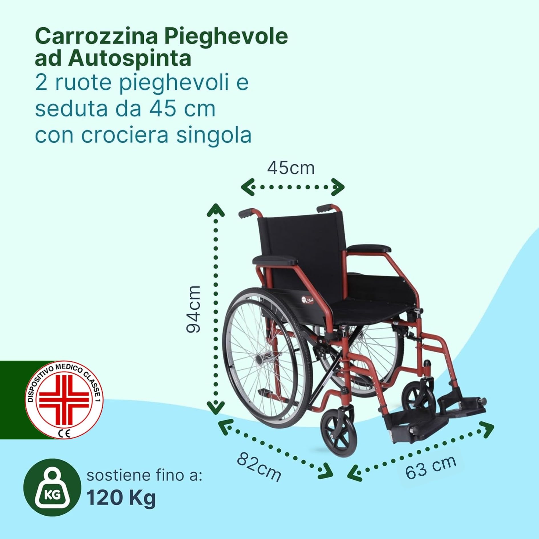 Sedia a Rotelle Pieghevole Leggera ad Autospinta, Carrozzina per Disabili in Acciaio, Portata Massima 120 kg - Seduta 45 cm, Rossa