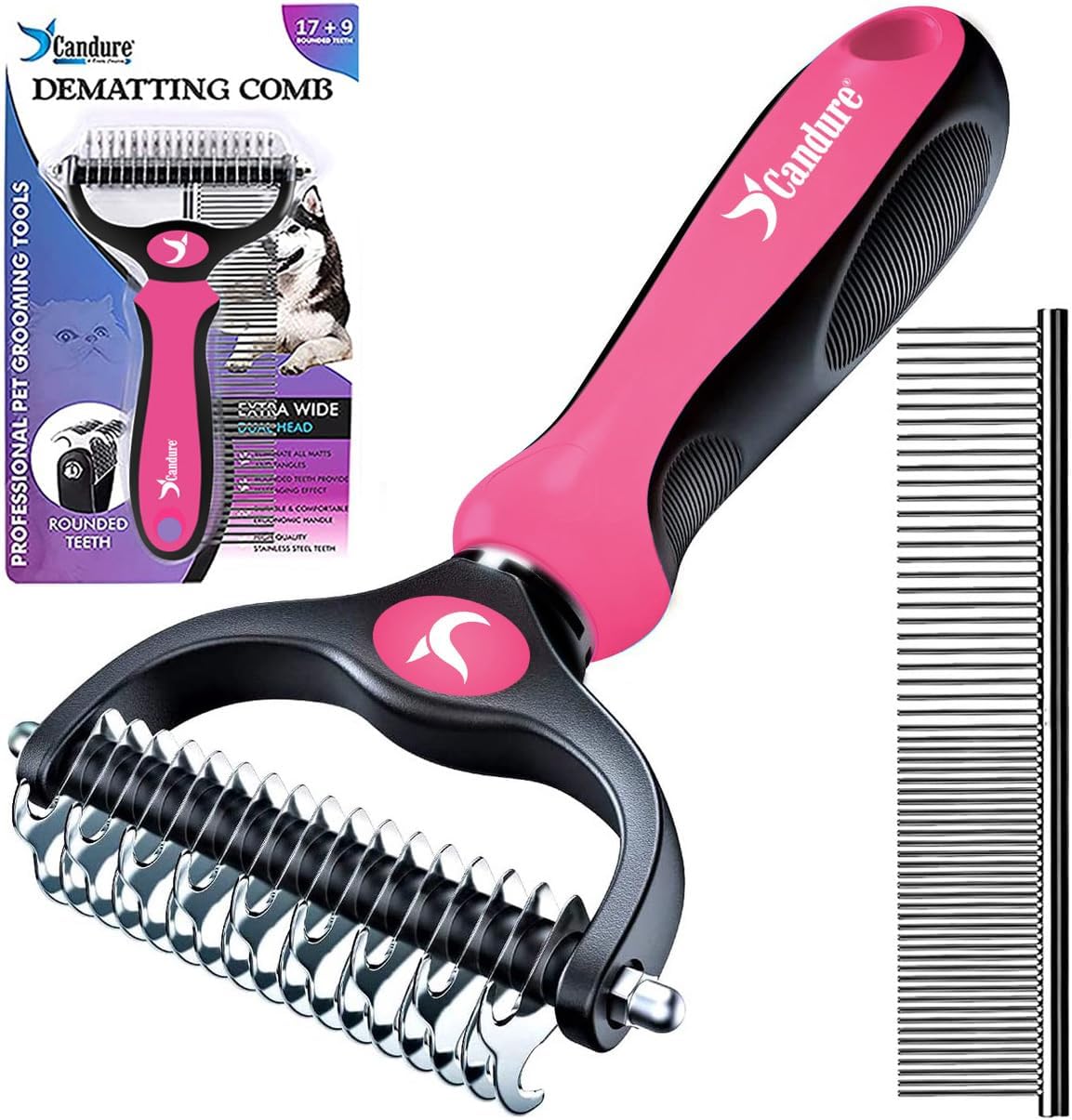 Candure Pet Friendly Double-Sided Dematting Undercoat Rake and Comb for Dogs & Cats - Effective Hair Removal for Shedding (Large, Pink)