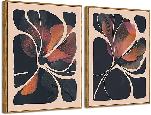 Framed 2pcs Boho Wall Art Canvas Orange and Black Abstract