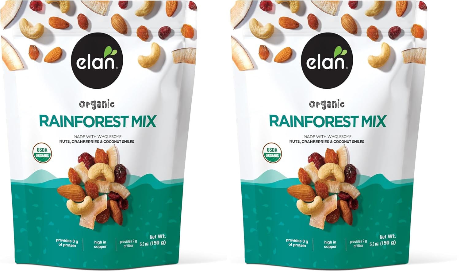 Elan Organic Rainforest Mix, 5.3 oz, Healthy Snacks, Dried Fruits (Raisins, Coconut, Dried Cranberries), Nuts (Roasted Cashews, Roasted Almonds), Non-GMO, Gluten-Free, Vegan, Kosher (Pack of 2)