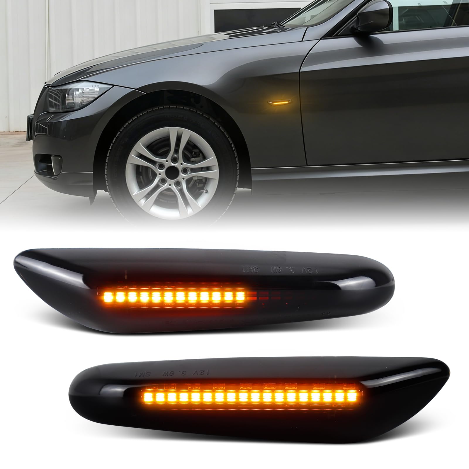 Smoked Lens Sequential Amber LED Side Marker Turn Signal Light for BMW E60 E90 E92 E93 E82 E46 E83 E91 128i 135i 328i 335i E61 E88 E91 Front Fender Dynamic Indicator