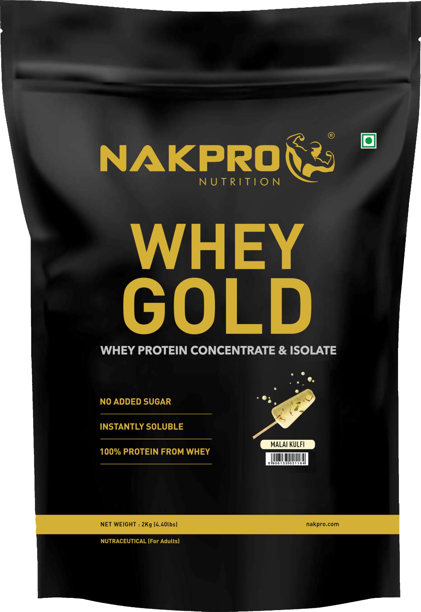 NAKPRO Gold Whey Protein Concentrate & Isolate 2kg Malai Kulfi | 25.5g Protein, Trustified Certified Supplement Powder | Fast Absorbing Whey Protein Powder
