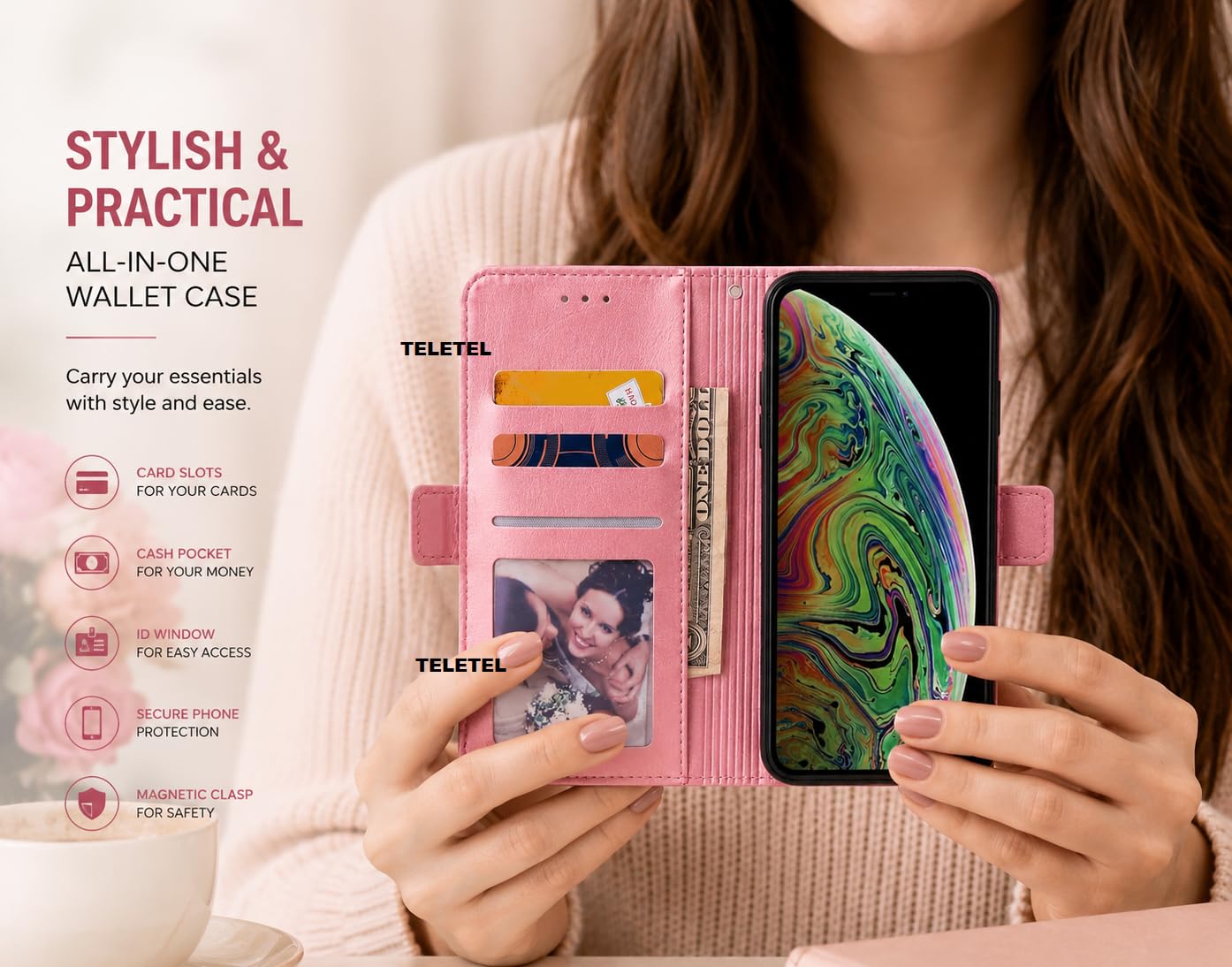 TELETEL for Redmi Note 13 Mobile Zipper Flip Cover Wallet Card Holder Case | Magnetic Lock | Shockproof (Vegan Leather- Pink) 3