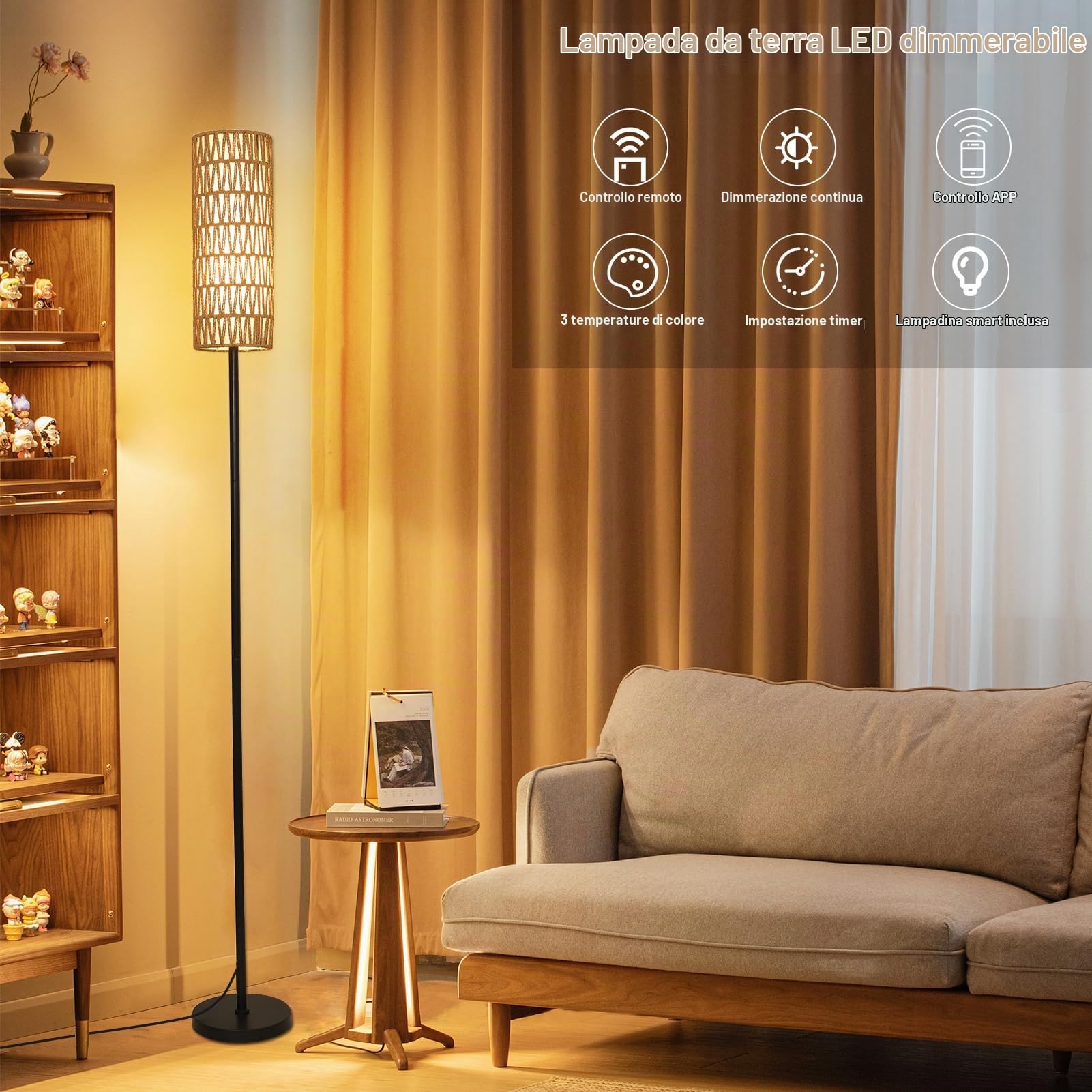 Rayofly Lampada da Terra in Rattan per Soggiorno, Dimmerabile con Telecomando e App di Controllo, Boho con Paralume in Rattan e Lino, Lampadina Inclusa