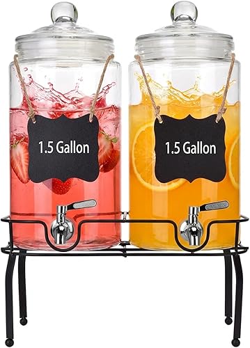 Juego de 2 dispensadores de bebidas de vidrio de 1.5 galones, dispensadores de bebidas para fiestas, dispensador de bebidas con soporte y tapa de