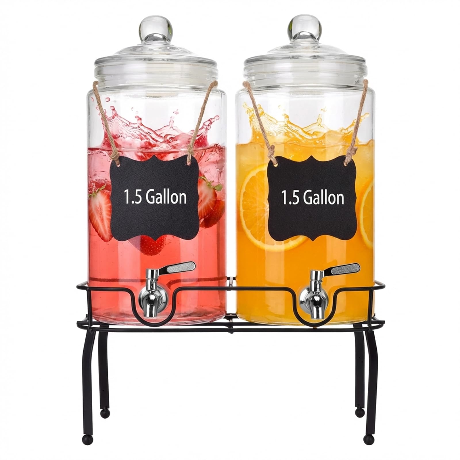 Juego de 2 dispensadores de bebidas de vidrio de 1.5 galones, dispensadores de bebidas para fiestas, dispensador de bebidas con soporte y tapa de vidrio, espiga de acero inoxidable 100% a prueba de