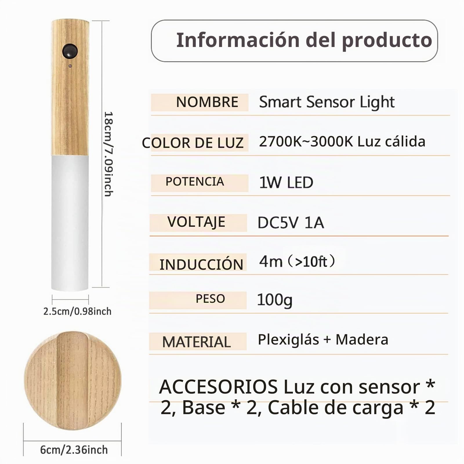 2 Piezas Armario Luz Nocturna LED Sensor de Movimiento Pilas Recargable USB Madera Aplique de Pared Interior con Interruptor Lámpara de Noche Sin Cable Magnetica Infantil Ninos Bebe Pasillo Escalera