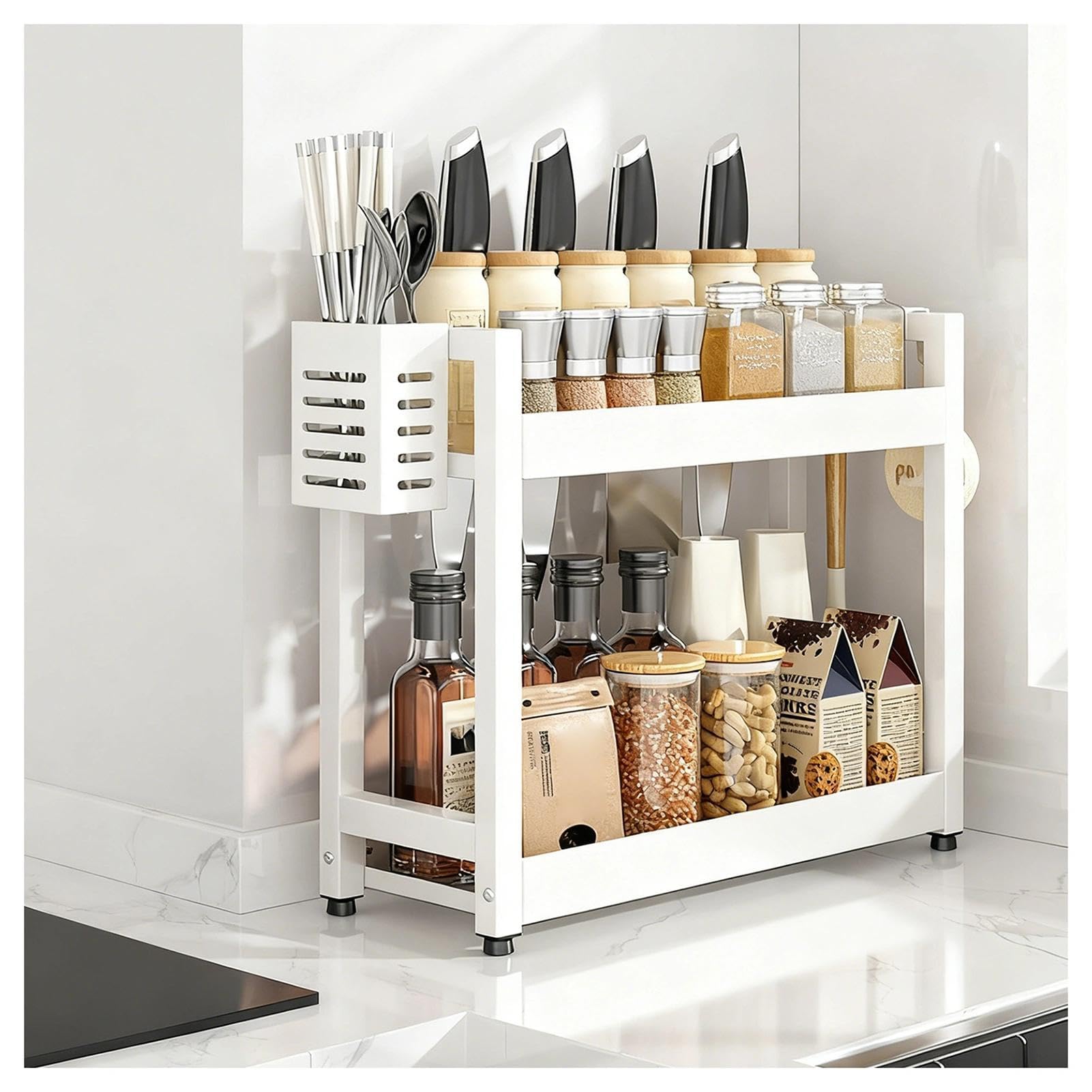 WYQXTY Wall Mount Kitchen Spice Utensil Rack Kitchen Countertop Spice Rack With Hooks & Utensil Holder, Multicolor, Multiple Sizes(White,2 Tier-30cm)