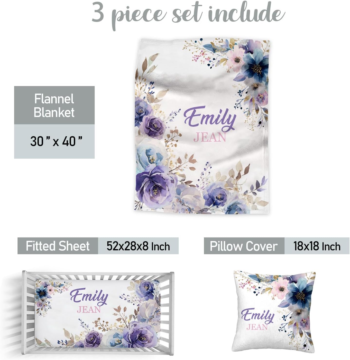 Personalized Baby Crib Bedding Sets for Girls – Custom Name 3 Pcs Floral Purple Nursery Set with Soft Blanket, Fitted Sheet & Pillowcase for Newborn or Infant Gift