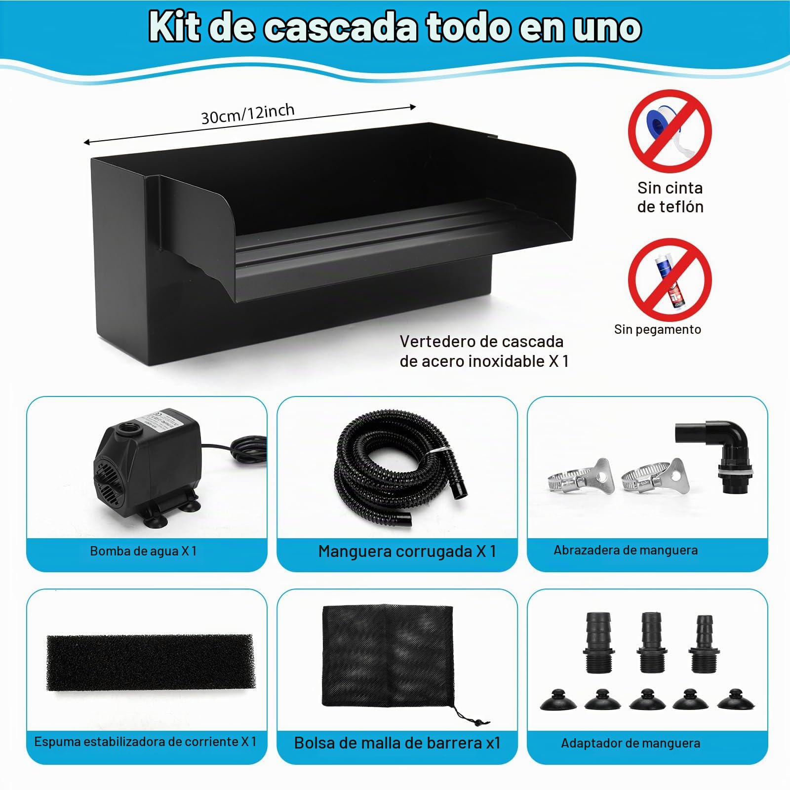 WingFly Estanque Cascada para Estanque de jardín, Juego de Cascada 30 cm de Acero Inoxidable con Bomba de Estanque de 45 W 3000 L/H, Piscina Cascada para Juego de Agua, Patio, Pared de Agua