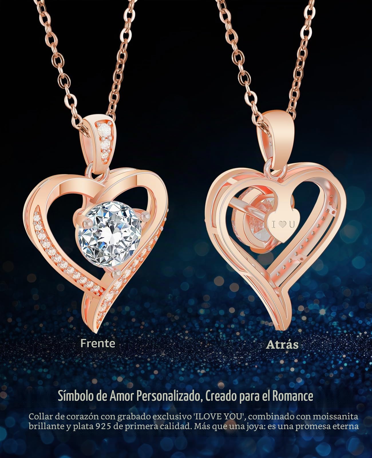 Collar Mujer 925 Plata Corazón con Diamantes de Laboratorio (1-3 qts), Grabado "I Love You" – Joyero Regalo Mujer, Ideal para San Valentín Navidad o Cumpleaños, Regalo para Esposa Novia Madre Hermana
