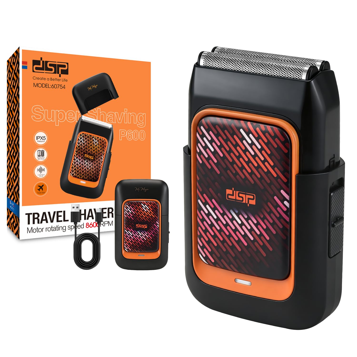 DSP Rasoio a doppia lamina per uomo, ricaricabile senza fili da viaggio | Sistema a doppia lama, impermeabile, durata 60 minuti, ricarica rapida USB, testa staccabile, leggero, silenzioso, arancione
