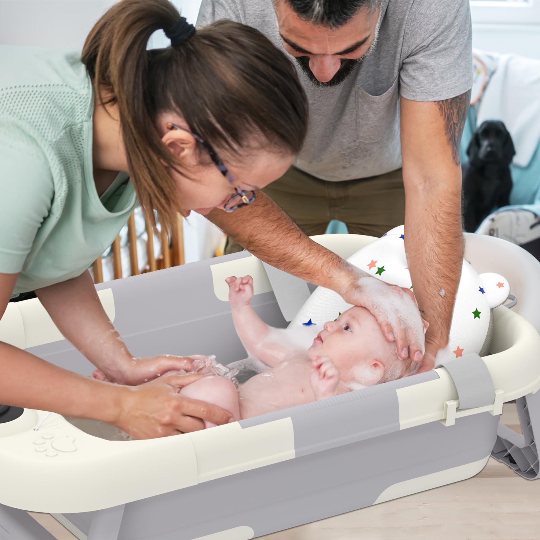 FIVMEN Baby Badewanne Faltbare Babywanne Babybadewanne mit Gestell, Thermometer und Badekissen Rutschfeste Tragbare für Neugeborene Kleinkinder, Panda