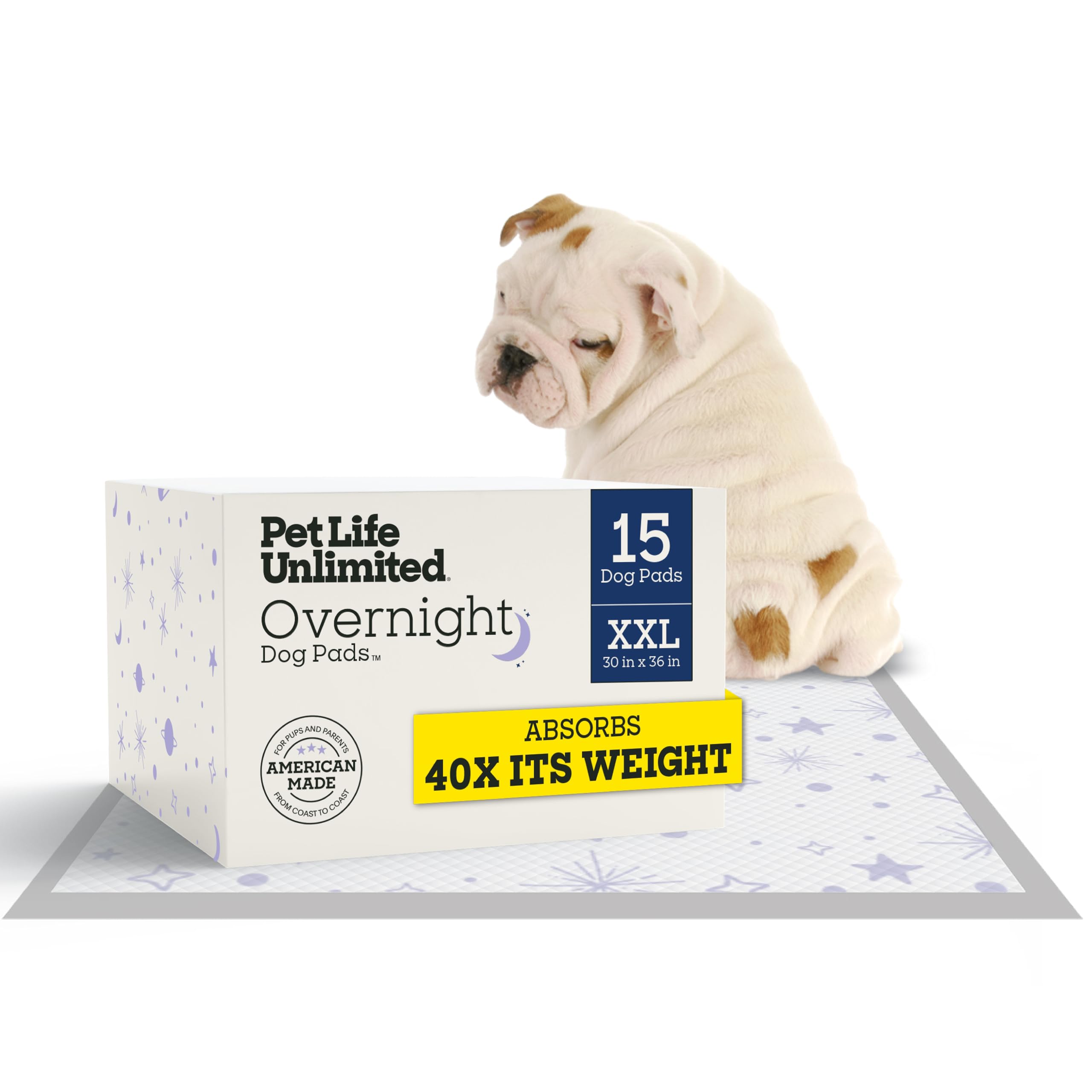 Pet Life Unlimited Overnight XXL Puppy Pads for Dogs, 30" x 36", 15 Count, Leak-Proof, Super Absorbent, Quick-Dry Potty Training Pads, Overnight Protection &amp; Jasmine Honey Scent, Made in USA