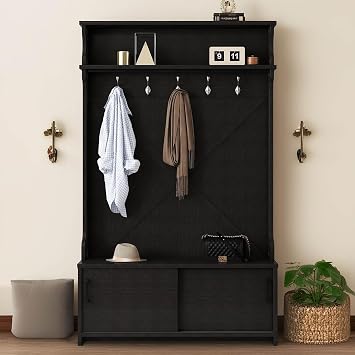 Multifunctional Hall Tree with Sliding Doors, 3-In-1 Hallway Shoe Cabinet with Storage Bench and Shelves, Large Hall Tree with 5 Hanging Hooks for Entryway, Living Room, Bedroom, Black