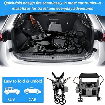 Foldable Double Push Bar Stroller Wagon Featuring 4 High Seat for 4 Kids,Kids Wagon Stroller,5-Point Harness & Storage Organizer,for Outdoor Trips,for 0-6 Years Grey