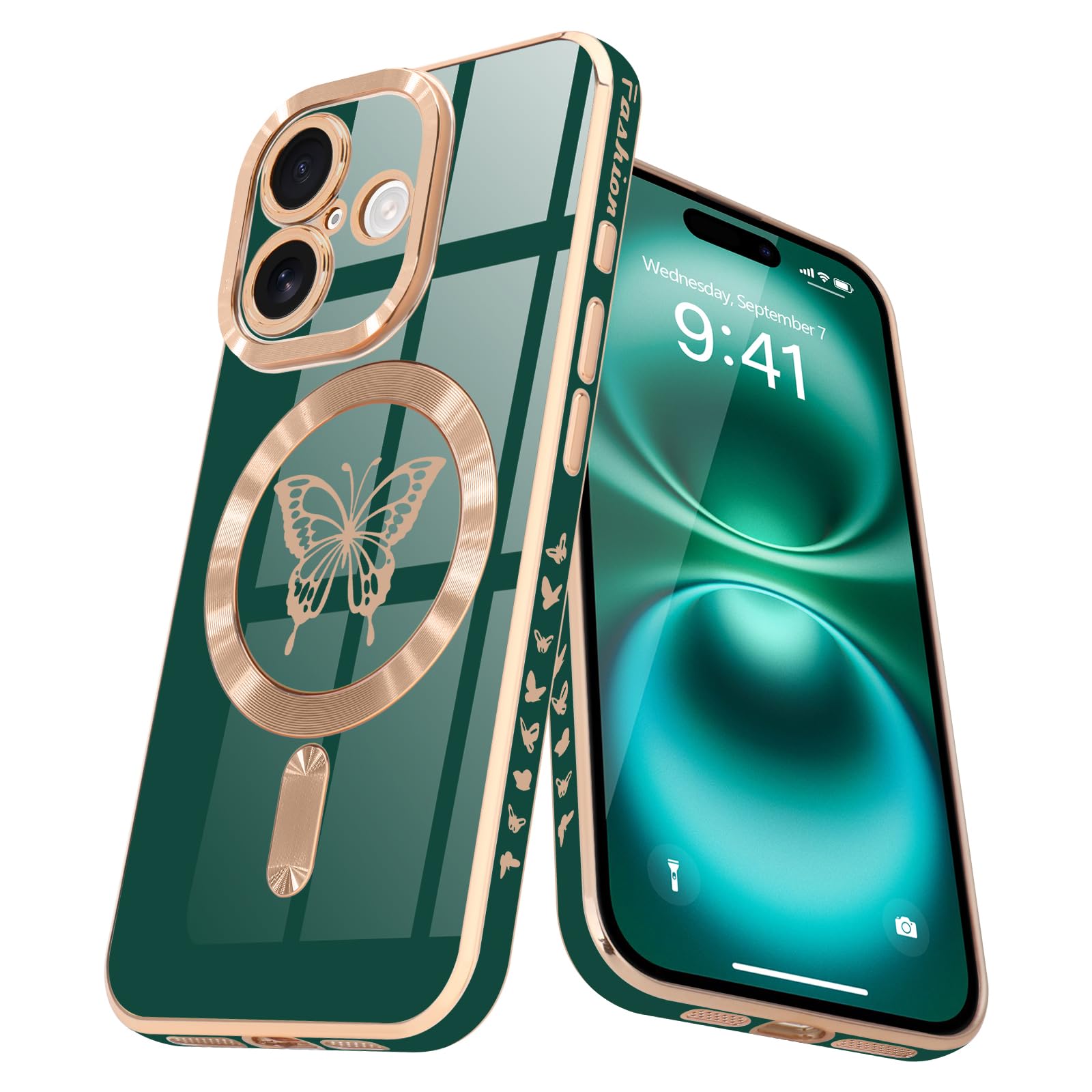 Lafunda Magnetic for iPhone 16 Case for Women Girls Cute, Compatible with MagSafe Glitter Luxury Plating Gold Butterfly Anti-Scratch Camera Protection