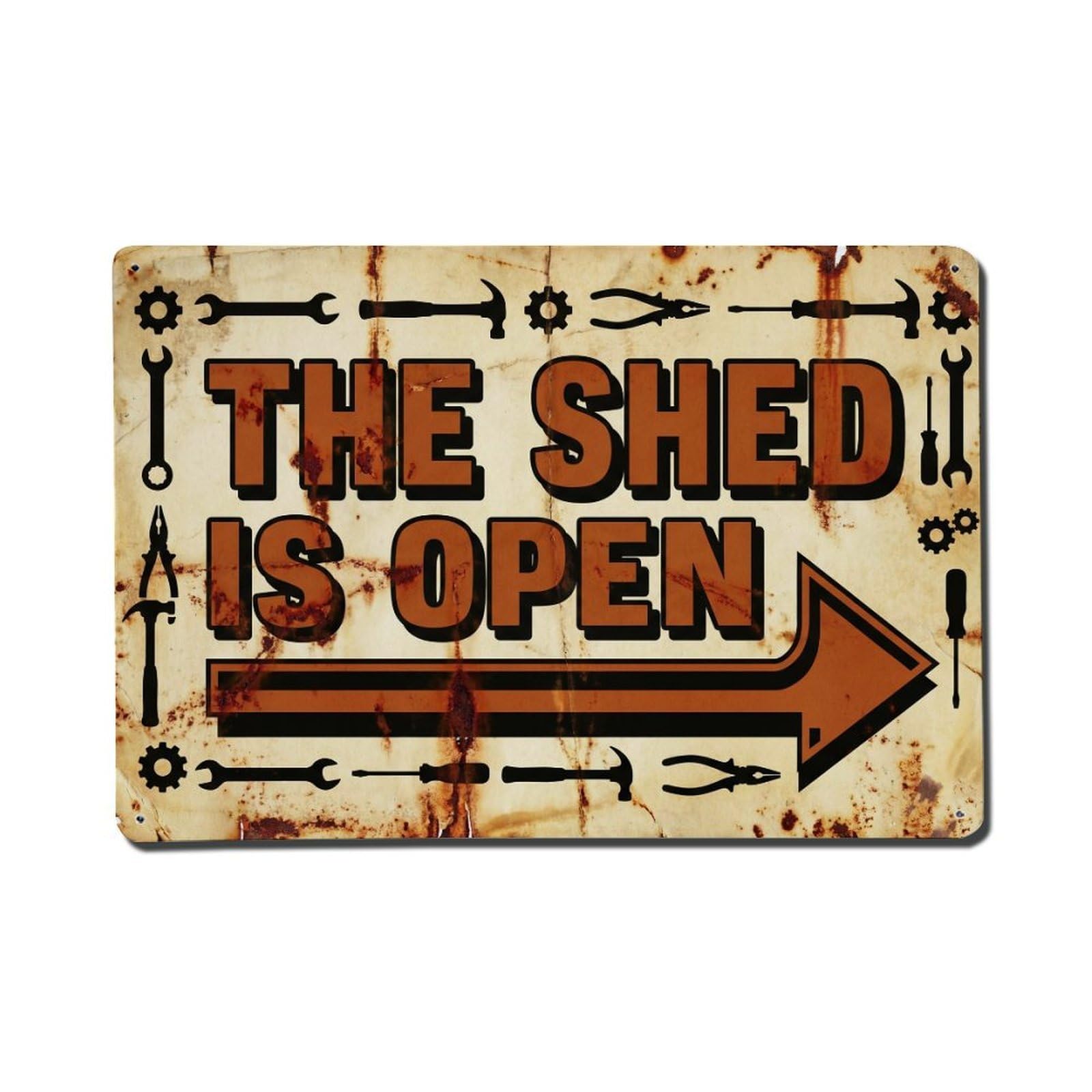 Shed Open Business Tinkering Workshop Tools Metal Tin Sign Plaque Wall Decor for Cafe, Man Cave, Club Bar, Office, Home Garden Round Metal Poster 8x12Inch