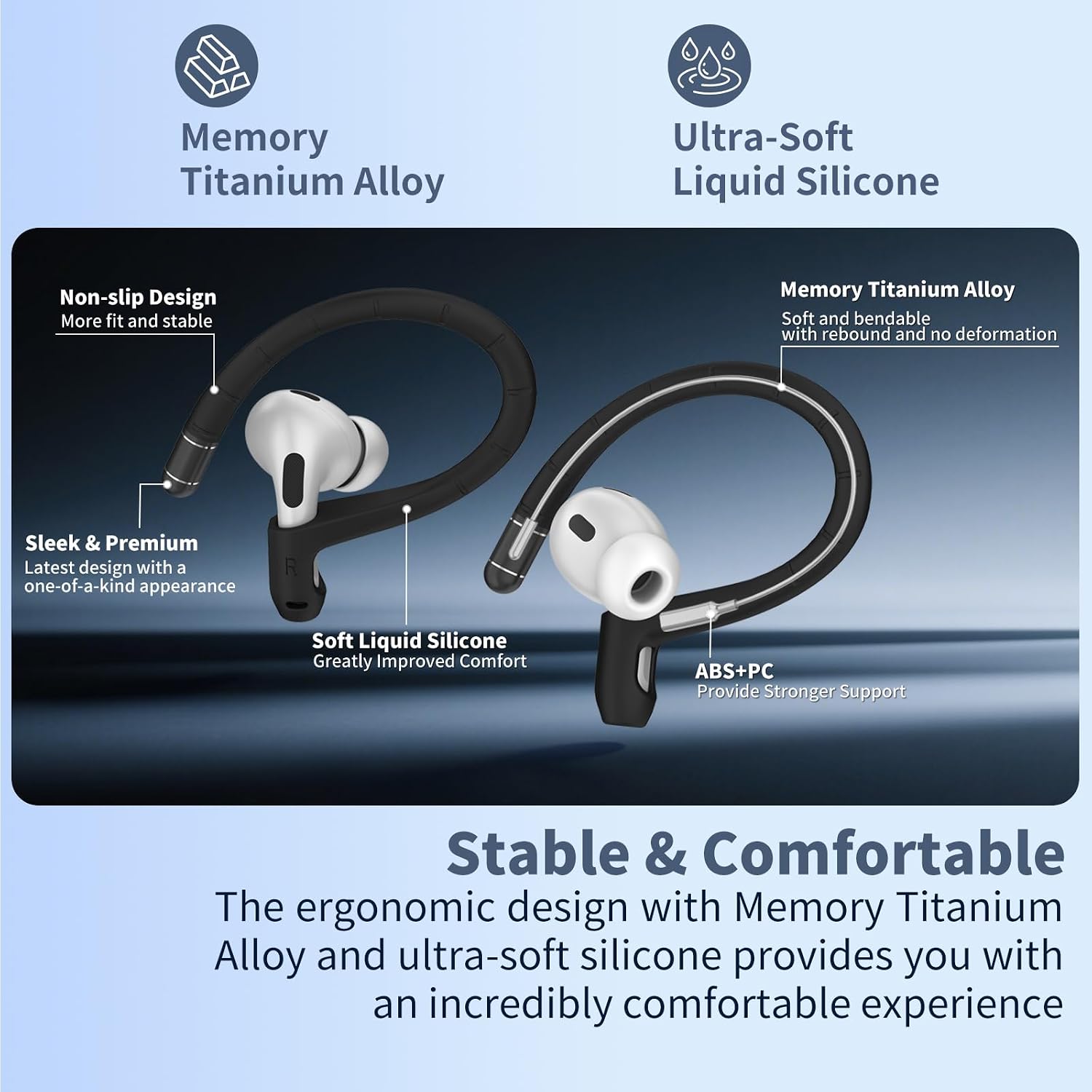 Anti-Slip Ear Hooks for AirPods Pro 2 & AirPod 3 Earbuds [Memory Titanium Alloy],Soft Comfortable Fit | Anti-loss Sports EarHooks Compatible with AirPods Pro 2 Earbuds Accessories with Lanyard (Black) image 3