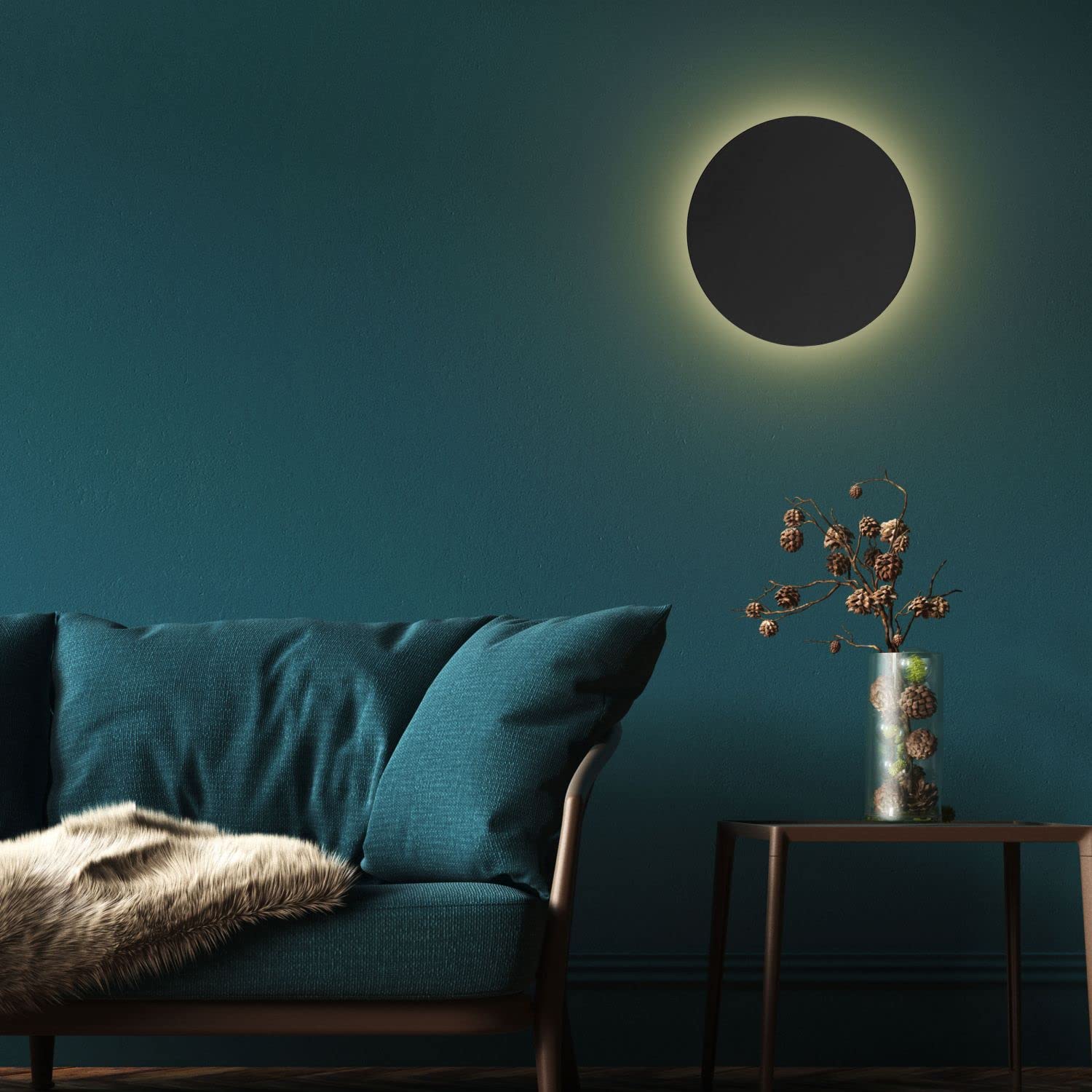 Wandlampe Metall rund Ø 40 cm Modern flach Schwarz indirektes Licht Wohnzimmer Flur Wandleuchte