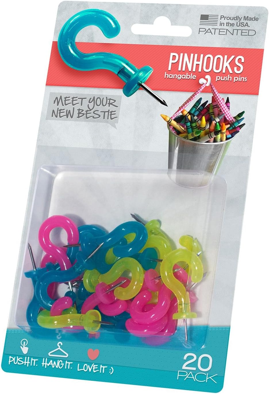 Pinhooks Dream Assortment Push Pin 20-Pack Wall Hooks, Pastel Blue/Pink/Yellow